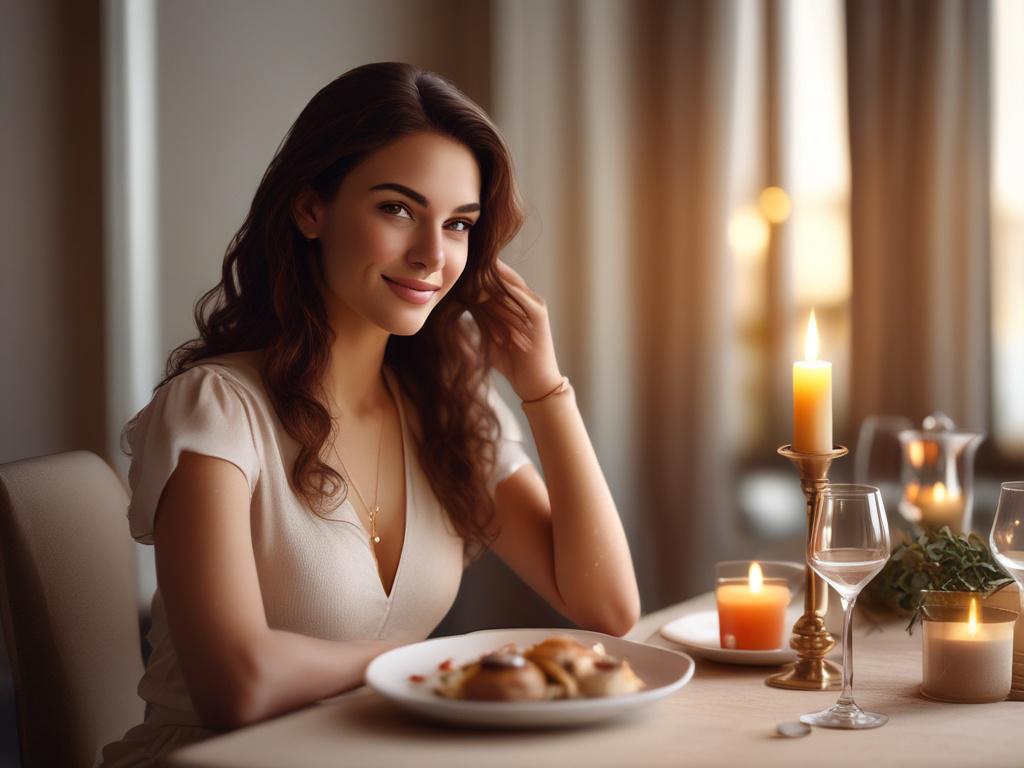 A beautiful young woman sitting elegantly at a table set