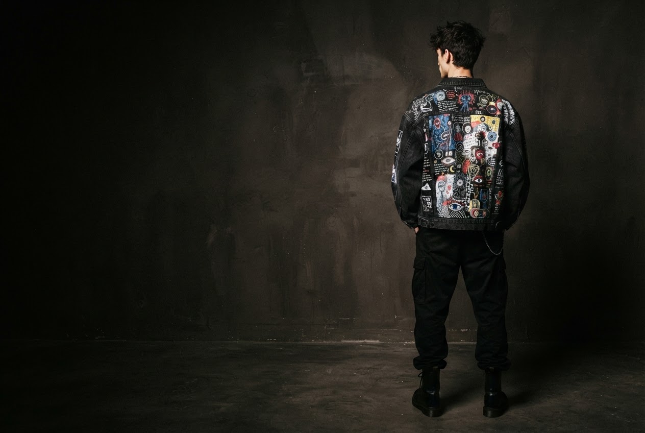 Artwear jacket with intricate original collage artwork, photographed in the studio
