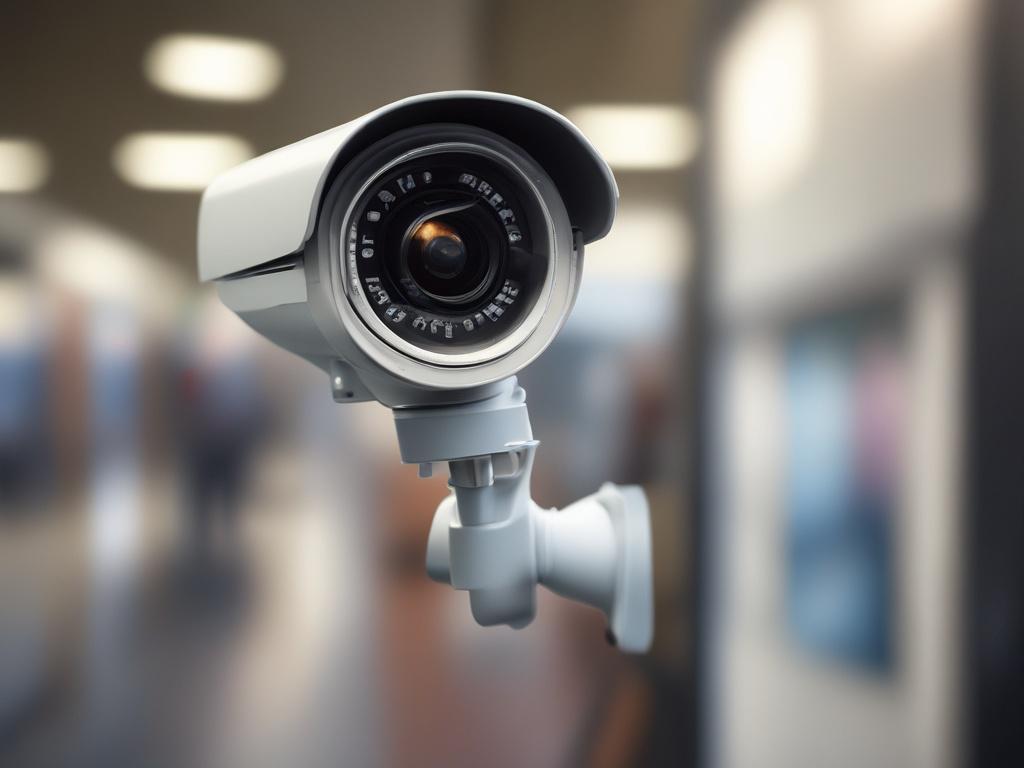 A hyper realistic image of a modern surveillance camera mounted
