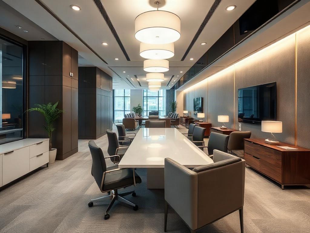 An elegant office interior showcasing a modern workspace with stylish furniture, effective lighting, and functional layout. The image should highlight the quality finishes and attention to detail in the design, set in a professional environment. Captured with a 45mm f/1.2 lens to focus on the interior design elements and overall ambiance.