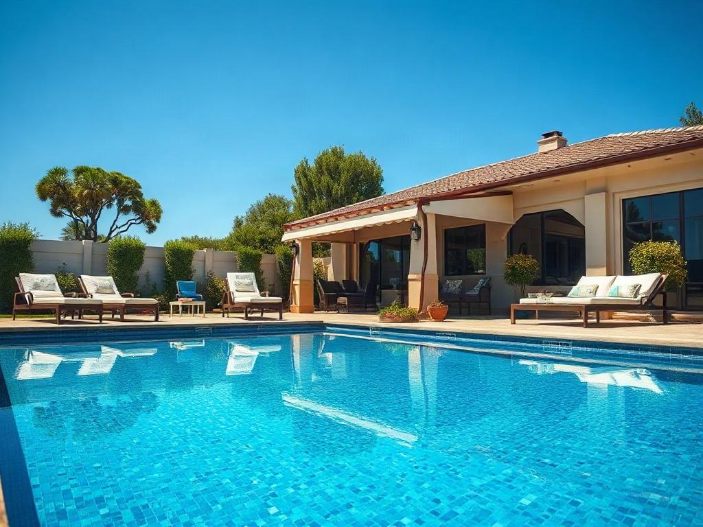 A beautifully designed outdoor space featuring a luxurious swimming pool, elegant patio furniture, and lush landscaping under clear blue skies. The focus should be on the pool area, showcasing high-quality materials and professional installation, with a simple and clear background emphasizing the aesthetic appeal of the outdoor renovation. Shot with a 45mm f/1.2 lens to capture detail and depth in the image.