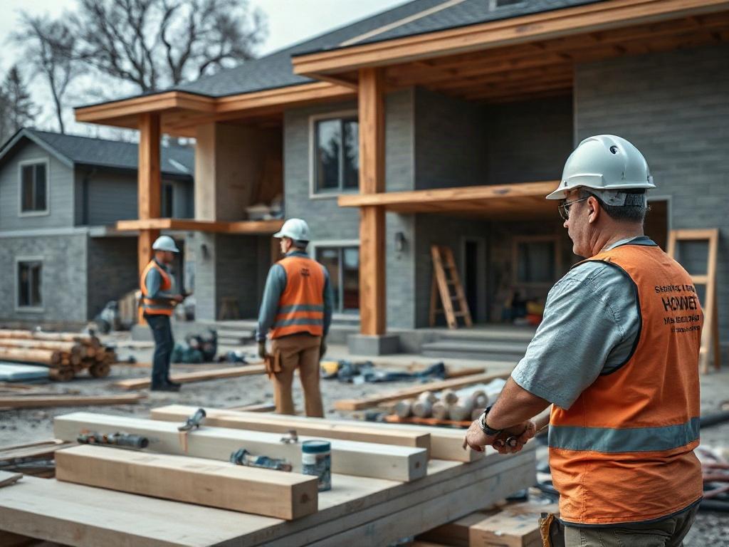 A large residential project in progress, illustrating a well-organized construction site with skilled workers, high-quality materials, and an efficient workflow. The focus should be on the coordination of various elements of the renovation, showcasing the comprehensive approach of a turnkey service. Captured with a 45mm f/1.2 lens to emphasize the scale and professionalism of the project.