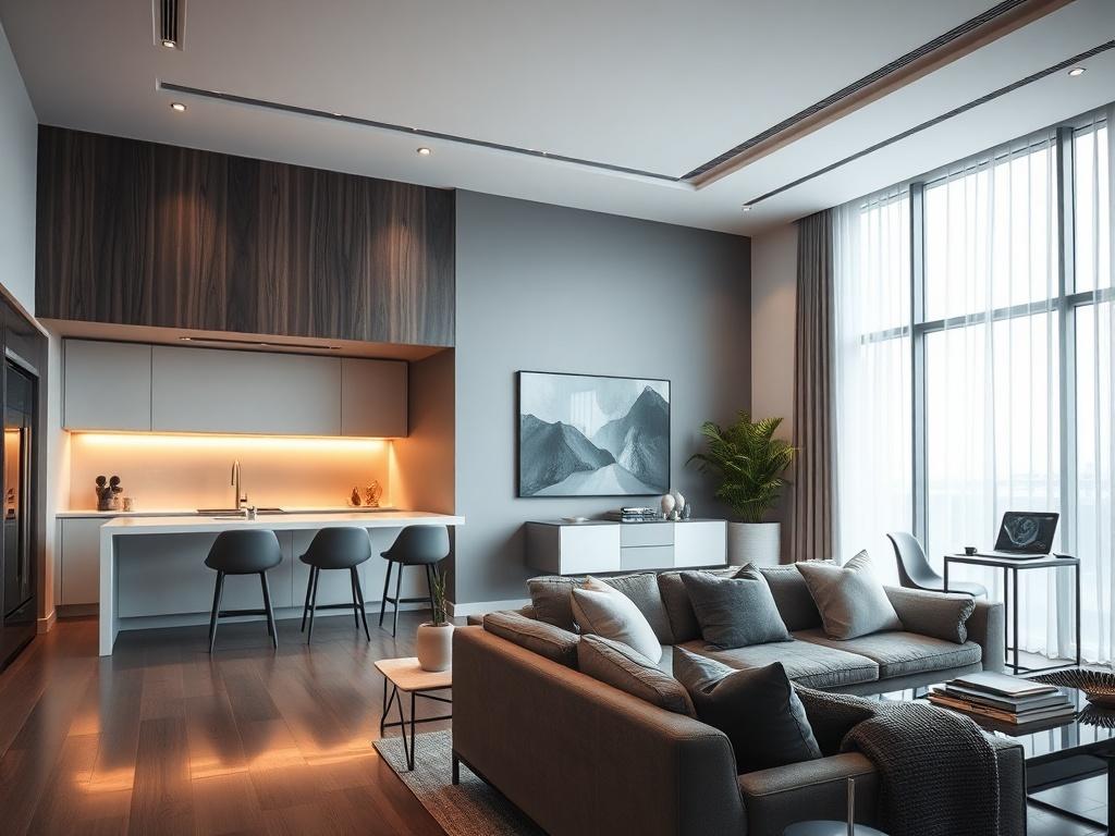 An elegant interior space showcasing a modern living room with stylish furniture, a contemporary kitchen with polished finishes, and a well-lit office area. The image should capture a close-up of the interior design elements, emphasizing quality materials and a harmonious color palette, with natural light streaming through large windows.