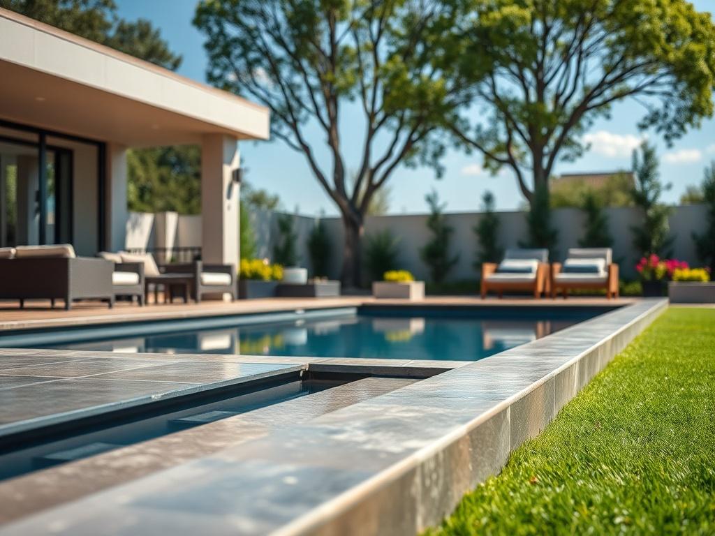 A modern outdoor space showcasing a beautifully designed swimming pool with surrounding landscaping, an elegant patio area with stylish furniture, and a well-maintained artificial grass lawn. The image should focus closely on the pool and patio, highlighting the quality of materials and design, set in a bright sunny day, with trees and flowers in the background.