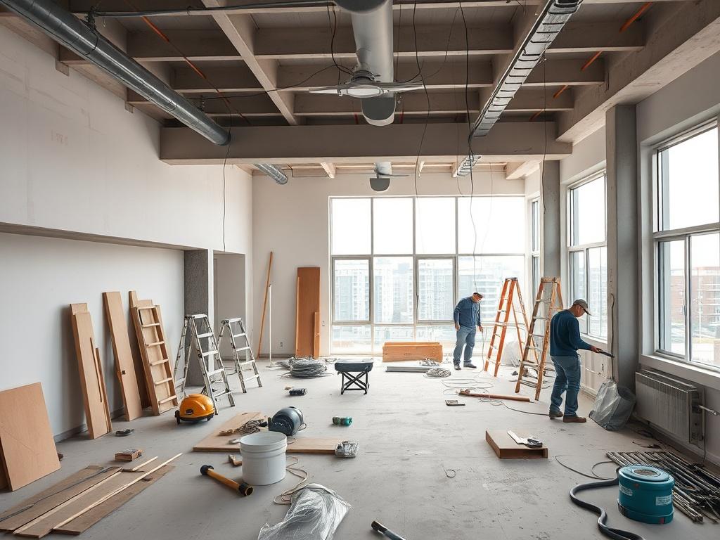 A comprehensive view of a large-scale renovation project, showcasing a modern residential building under construction, with workers busy at various tasks such as painting, flooring, and plumbing. The image should highlight the scale and professionalism of the project, with clear signs of progress and attention to detail throughout the site.