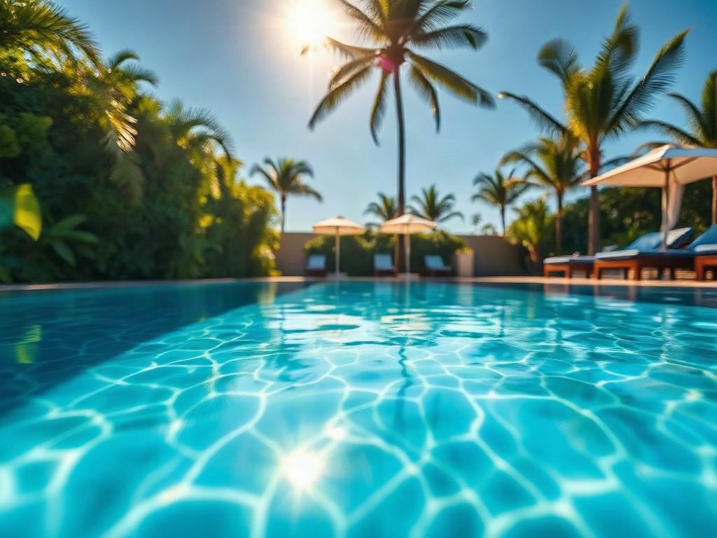 A realistic close-up shot of a beautifully designed outdoor swimming pool surrounded by lush greenery and elegant tiles. The focus should be on the water's surface reflecting sunlight, with a clear blue sky in the background. Shot with a 45mm f/1.2 lens style, emphasizing the luxurious and refreshing atmosphere.