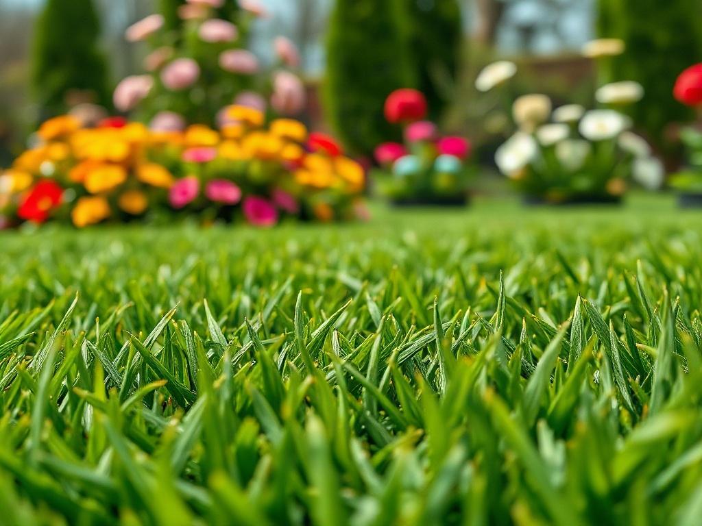 A realistic close-up shot of high-quality artificial grass in a beautifully landscaped garden. The image should highlight the vibrant green color and the texture of the grass blades, with colorful flowers and plants in the background. Shot with a 45mm f/1.2 lens style, emphasizing the lush and inviting atmosphere.