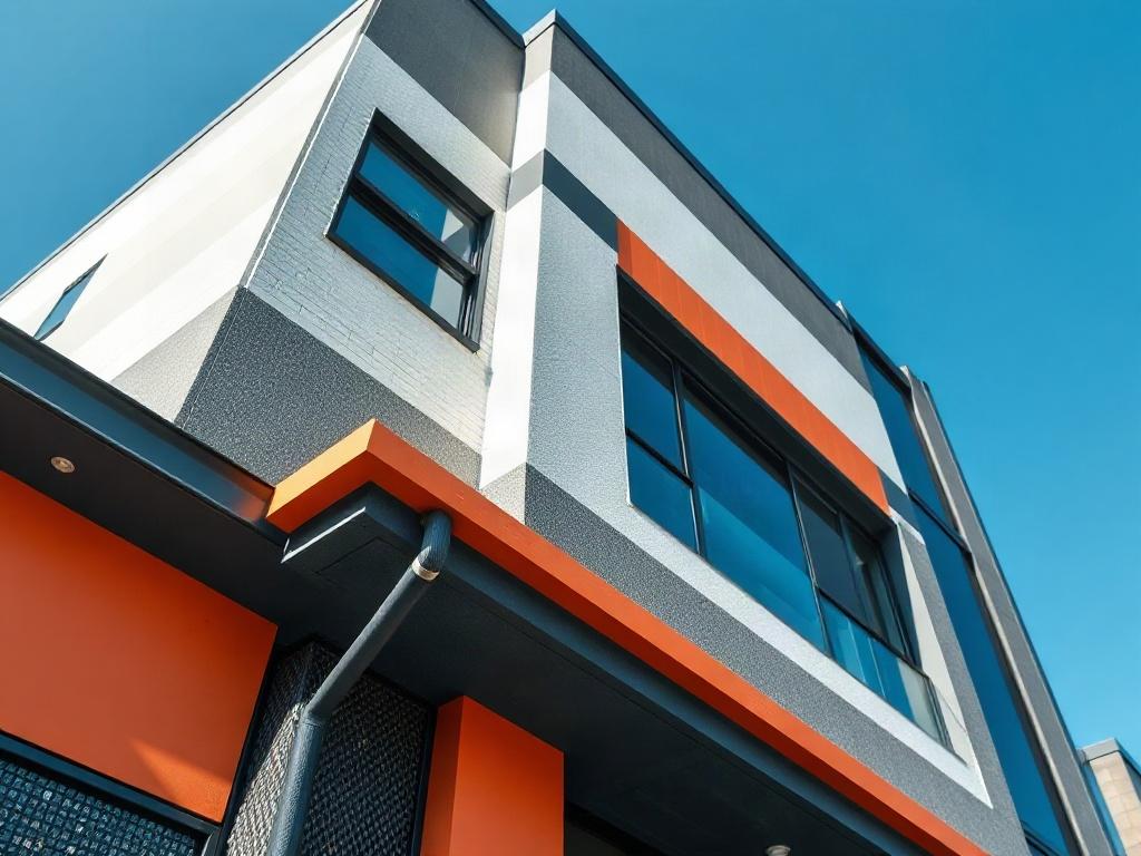A realistic close-up shot of a freshly renovated building facade showcasing modern design elements and vibrant colors. The image should capture the texture of the materials used, with a clear blue sky in the background. Shot with a 45mm f/1.2 lens style, emphasizing the transformation and beauty of the structure.