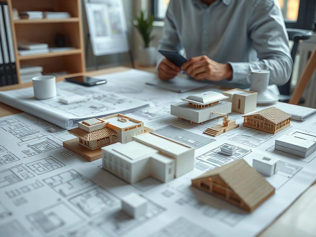 A high-resolution image showing detailed architectural plans and 3D models spread out on a desk, with a designer reviewing them. The setting is well-lit and organized, showcasing a creative workspace.