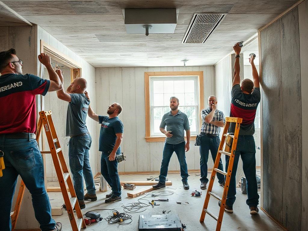 A dynamic shot of a renovation team actively working on a construction site. Workers are installing fixtures and materials, with tools and equipment in use, showcasing a busy and productive atmosphere.