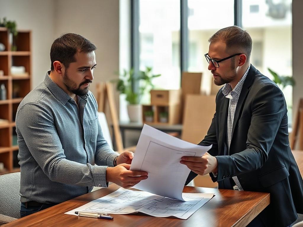 A close-up shot of a professional consultant discussing renovation ideas with a client in an office setting. The consultant is showing blueprints on a table, with a focus on their engaged expressions. The background is a modern office with renovation materials.