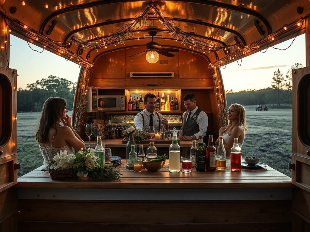 A beautifully decorated mobile bar inside an old horse trailer,