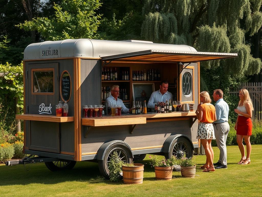 A rustic horse trailer mobile bar set up in a