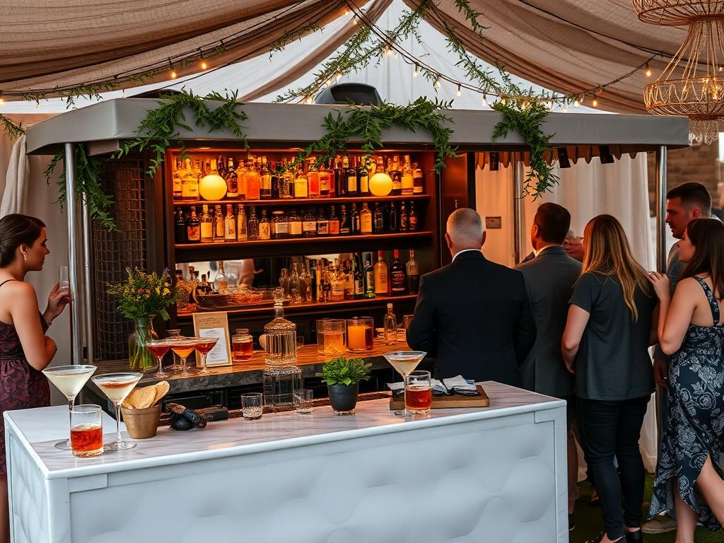 A beautifully decorated mobile bar with a variety of cocktails