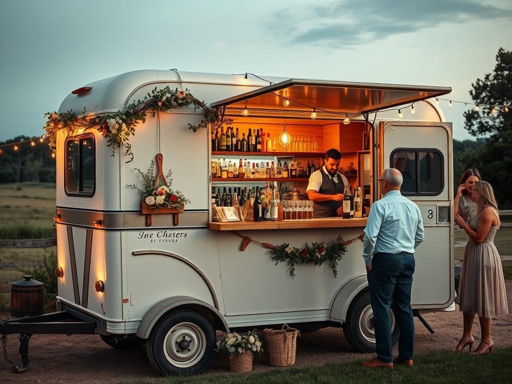 A vintage horse trailer converted into a mobile bar, decorated