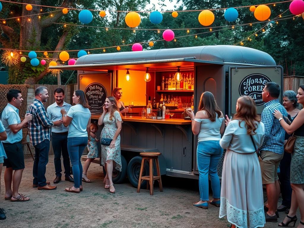 A lively outdoor party scene with a vintage horse trailer