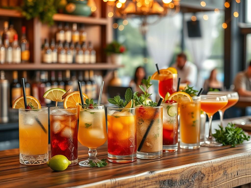 An array of colorful cocktails and drinks displayed on a