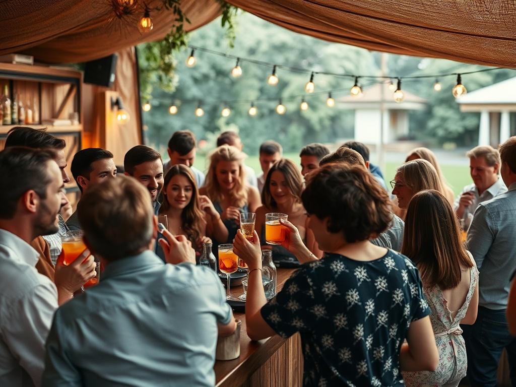 A lively scene of guests enjoying drinks at a mobile