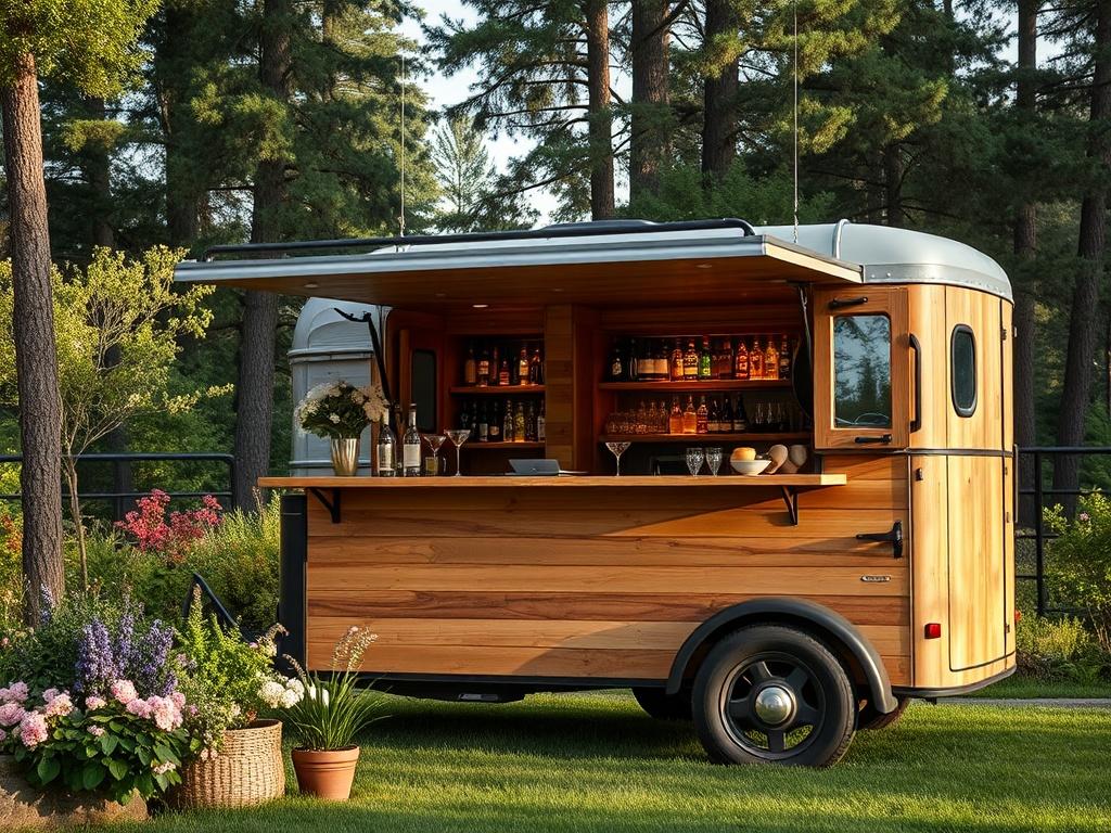 Create a realistic high-resolution image that captures the essence of a mobile bar setting for a blog titled "Choosing the Perfect Venue for Your Mobile Bar." The composition should feature a beautifully restored vintage horse trailer converted into a mobile bar, parked in a lush outdoor setting. 

The subject should be the mobile bar itself, with its rustic charm on full display—think natural wood finishes, polished surfaces, and an inviting appearance. Surround the bar with greenery, showcasing a backdrop