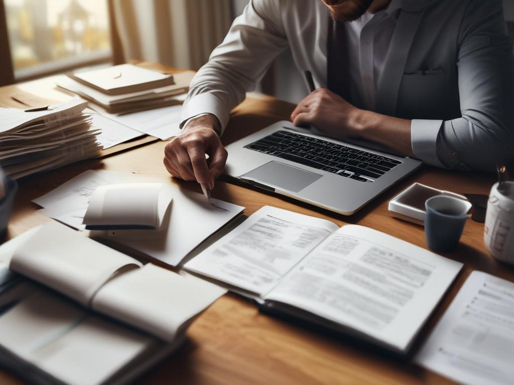An insurance adjuster sitting at a desk, focused on preparing
