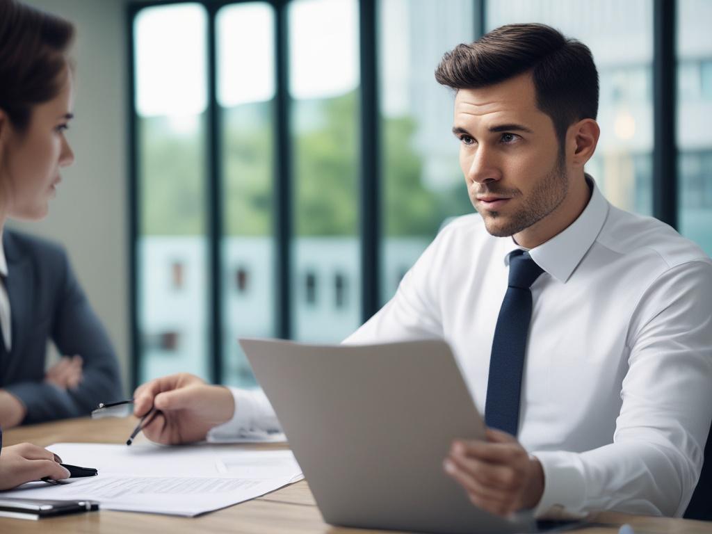 A hyper-realistic close-up shot of a professional insurance adjuster meeting with a client in a modern office setting. The adjuster is attentively listening and taking notes, with a laptop open on the desk displaying a claim management software interface. The background is softly blurred, showcasing a well-organized office with subtle decor elements that reflect professionalism. The image is shot with a 45mm f/1.2 lens style, emphasizing the adjuster's focused expression and the details of the interaction.