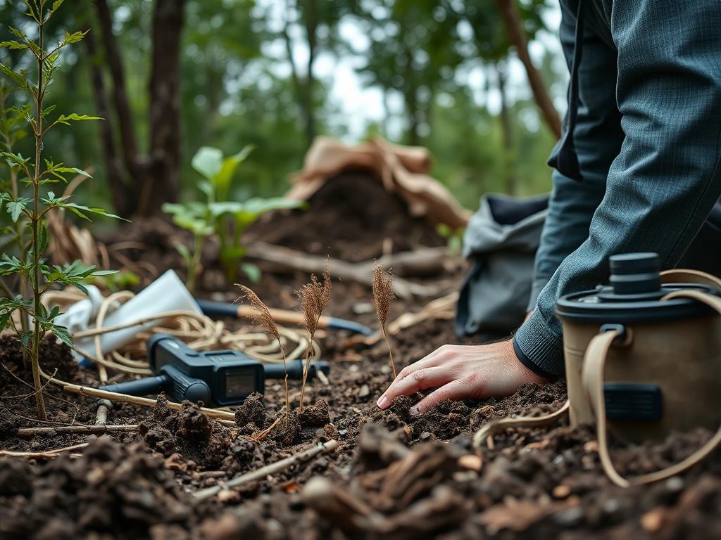 A close-up view of an environmental project site, featuring an environmental consultant analyzing soil samples. The background should display natural elements, like plants and trees, alongside equipment for environmental assessments. The image should be hyper-realistic, captured with a 45mm f/1.2 lens, focusing on the consultant and the materials.