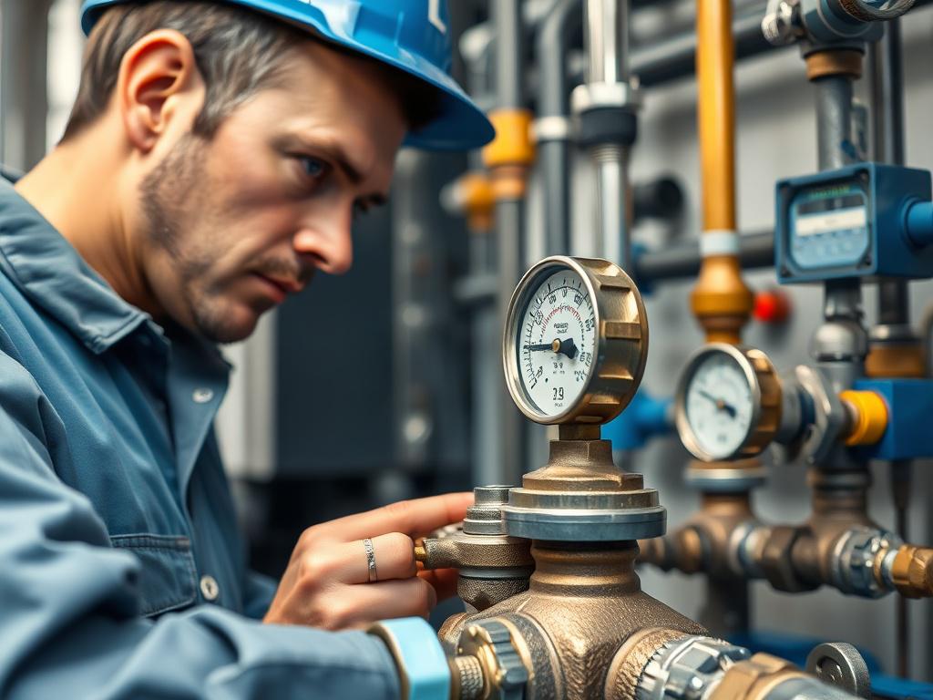 A close-up image of a water management system, showcasing a technician inspecting valves and gauges. The background should include water pipes and modern technology for monitoring water quality. The shot should be hyper-realistic, taken with a 45mm f/1.2 lens, focusing on the intricate details of the equipment.