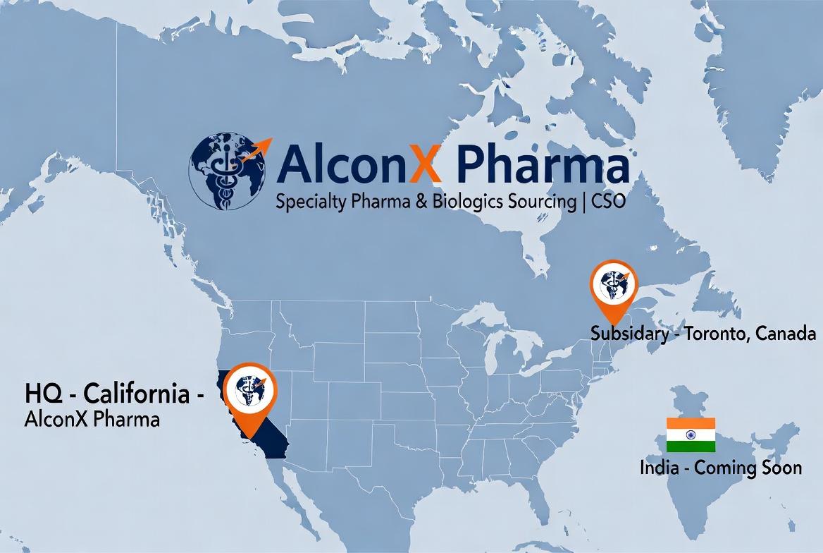 AlconX Pharma global presence map with correct location markers for USA headquarters California, Canada subsidiary, and India expansion regions