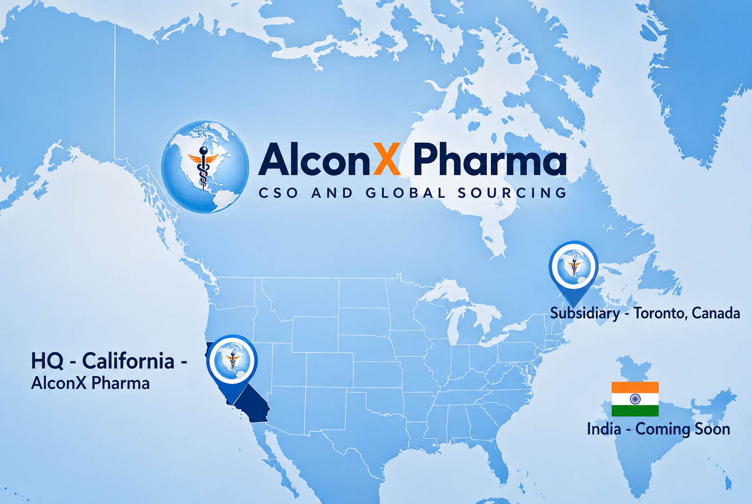 AlconX Pharma global presence map with correct location markers for USA headquarters California, Canada subsidiary, and India expansion regions