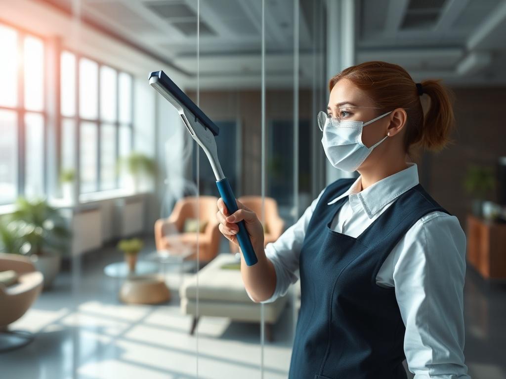 Prompt for AI Image Generator:

Create a highly realistic high-resolution photo to illustrate the blog titled "L'importance du nettoyage professionnel." The composition should be simple and clear, focusing on a single subject: a gleaming, spotless office window being cleaned by a professional cleaner. The cleaner, wearing a smart uniform that reflects professionalism, is using a squeegee to ensure the glass is flawlessly clear. 

In the background, capture blurred outlines of a modern office space filled wi