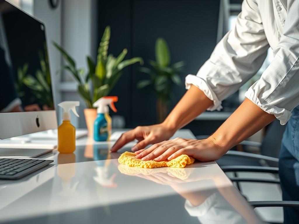 A hyper-realistic close-up shot of a professional cleaner in a commercial office setting, meticulously cleaning a desk with cleaning supplies neatly arranged. The image should focus on the cleaner's hands as they wipe the surface, showcasing the gleam of the clean desk. The background should subtly include office elements like a computer and plants, with soft natural lighting enhancing the cleanliness of the scene. The color scheme should harmonize with rgb(162, 175, 127).