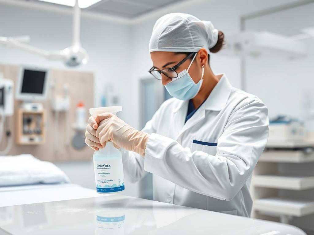 **AI Image Generation Prompt:**

Create a high-resolution, hyper-realistic photograph that captures the essence of professional medical cleaning services offered by BrilleOmax in Doullens. The image should feature a single subject: a BrilleOmax cleaning technician in a clean, sterile environment, reflecting professionalism and commitment to hygiene. 

The technician is dressed in a crisp, white uniform, exuding professionalism and reliability. They are skillfully using a high-quality cleaning tool, such as 