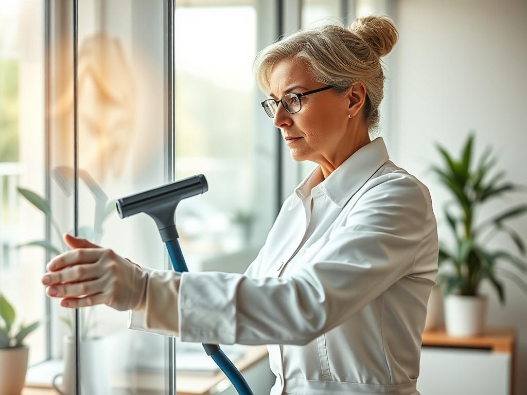**AI Image Generation Prompt:**

Create a realistic high-resolution photo that reflects the theme of a blog titled "Conseils pour un nettoyage efficace de vos bureaux à Doullens." The composition should be simple and clear, focusing on a single subject: a professional cleaner in action, showcasing effective cleaning techniques in a modern office environment. The cleaner, a middle-aged woman wearing a clean uniform, is using a high-quality window cleaning tool to shine a large glass window. 

The background 