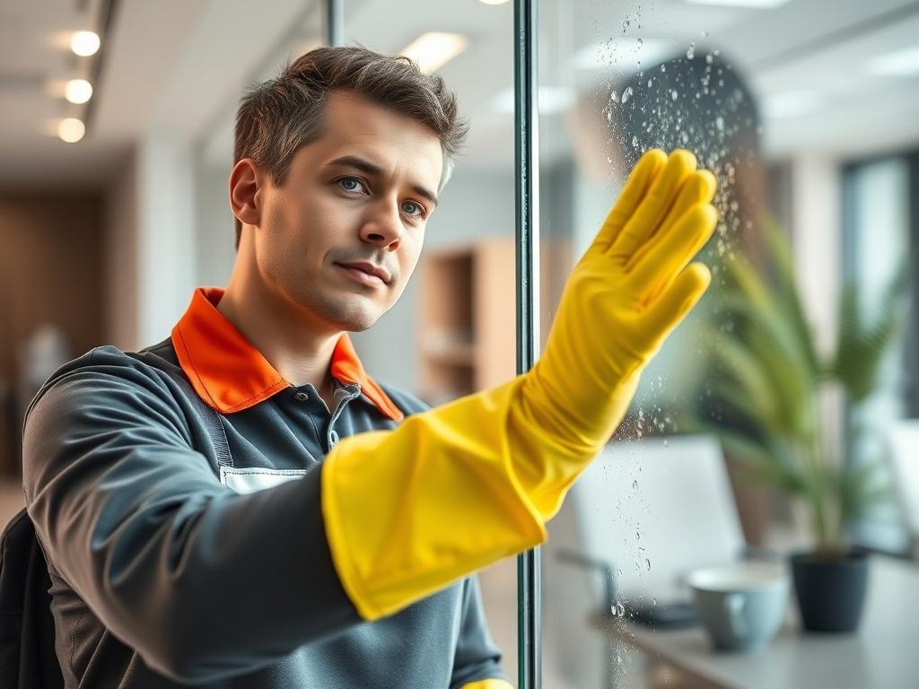 **AI Image Generator Prompt:**

Create a realistic high-resolution photo that encapsulates the essence of a professional cleaning service in Doullens, titled “Pourquoi choisir nos services de nettoyage à Doullens ?”. 

**Composition:** Focus on a close-up shot featuring a diligent, professional cleaner wearing a branded uniform and gloves, actively cleaning a sparkling window. The cleaner's expression should convey dedication and professionalism. Ensure the image has a shallow depth of field to softly blur 
