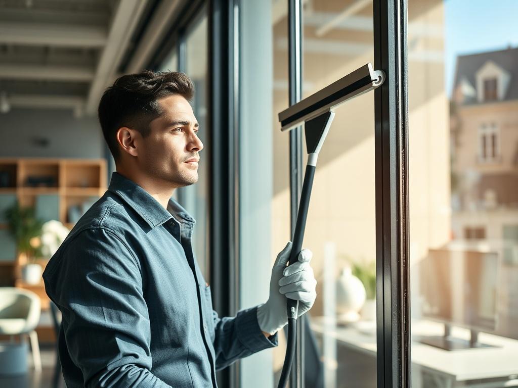 Create a realistic high-resolution photo that vividly captures the essence of the blog titled "L'Importance d'un Service de Nettoyage Professionnel." The image should focus on a single subject: a professional cleaner dressed in a neat uniform, actively cleaning a large office window with a squeegee. The cleaner should be shown in action, demonstrating dedication and attention to detail, with a look of concentration on their face.

The background should depict a bright, modern office environment, with natura