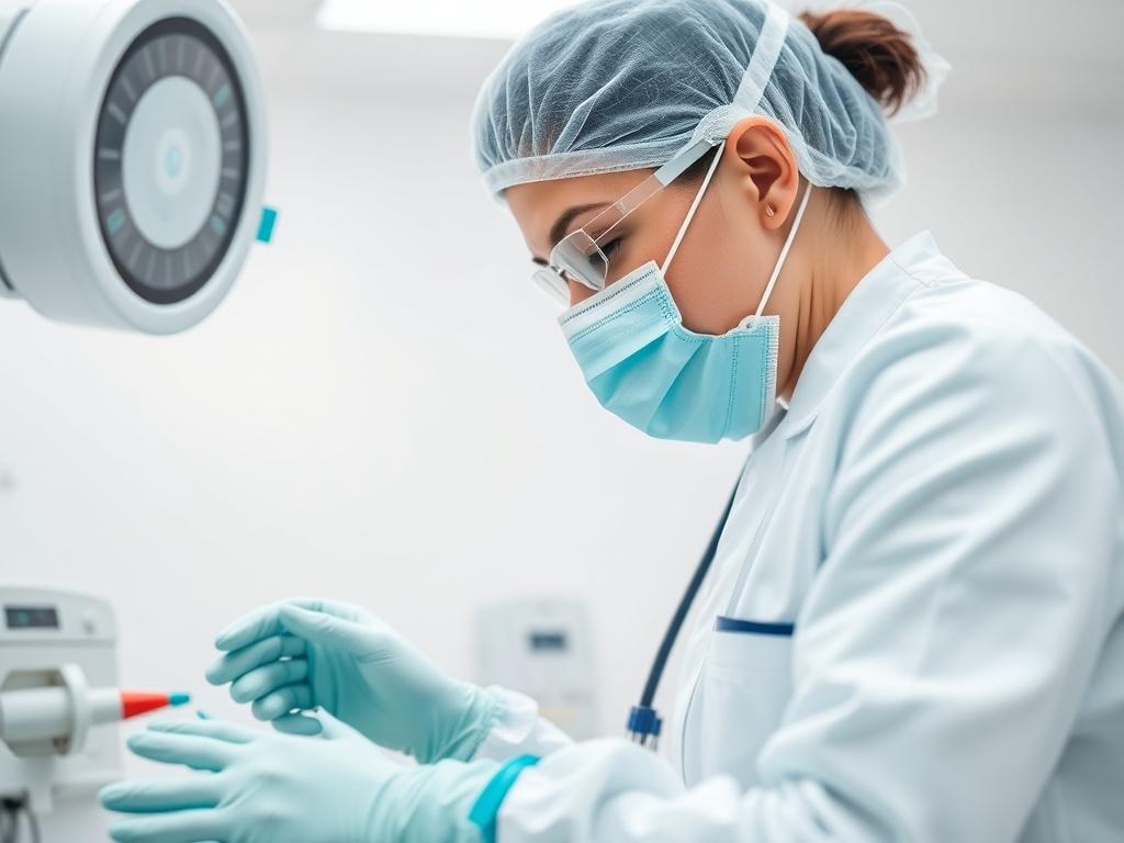 A close-up shot of a healthcare professional cleaning medical equipment in a clinical setting. The background is sterile and bright, emphasizing cleanliness and order. The image should be realistic and high-resolution, taken with a 45mm f/1.2 lens to focus on the action of cleaning.