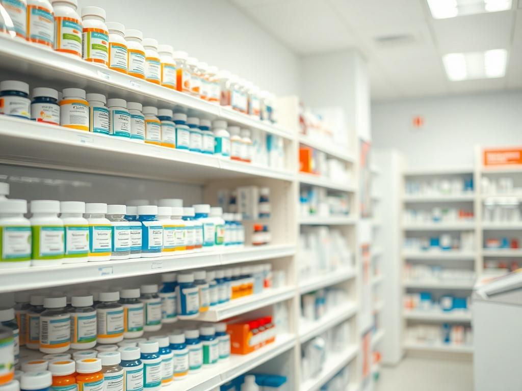 A hyper-realistic close-up shot of a clean pharmacy interior, focusing on the pristine display shelves filled with neatly arranged medicine bottles. The lighting is bright and inviting, showcasing the cleanliness of the environment. The background should be blurred to emphasize the shelves. The image should convey a sense of hygiene and professionalism, shot with a 45mm f/1.2 lens style, with a color palette that complements rgb(162, 175, 127).