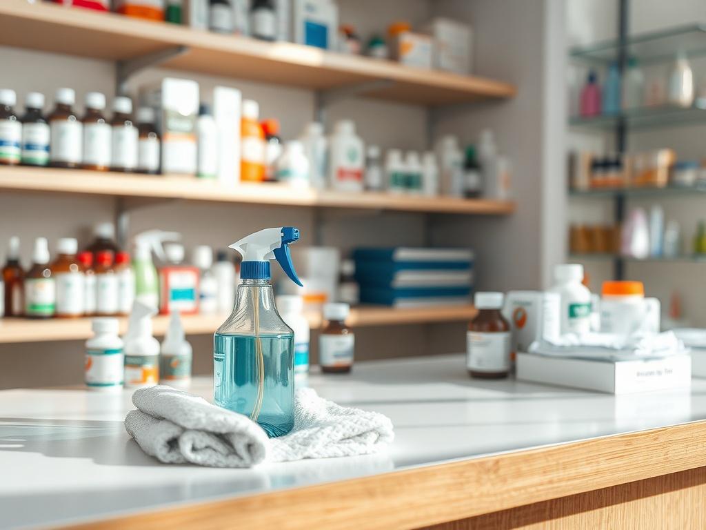 **AI Image Generation Prompt:**

Create a realistic high-resolution photograph that visually represents the topic "Nettoyage de pharmacie". The composition should feature a single, well-maintained pharmacy counter with a focus on cleanliness. The counter should display neatly organized pharmacy products, including bottles, boxes, and medical supplies, all aligned perfectly to emphasize order and hygiene.

The photograph should be taken from a close-up perspective, highlighting the counter’s surface where a 