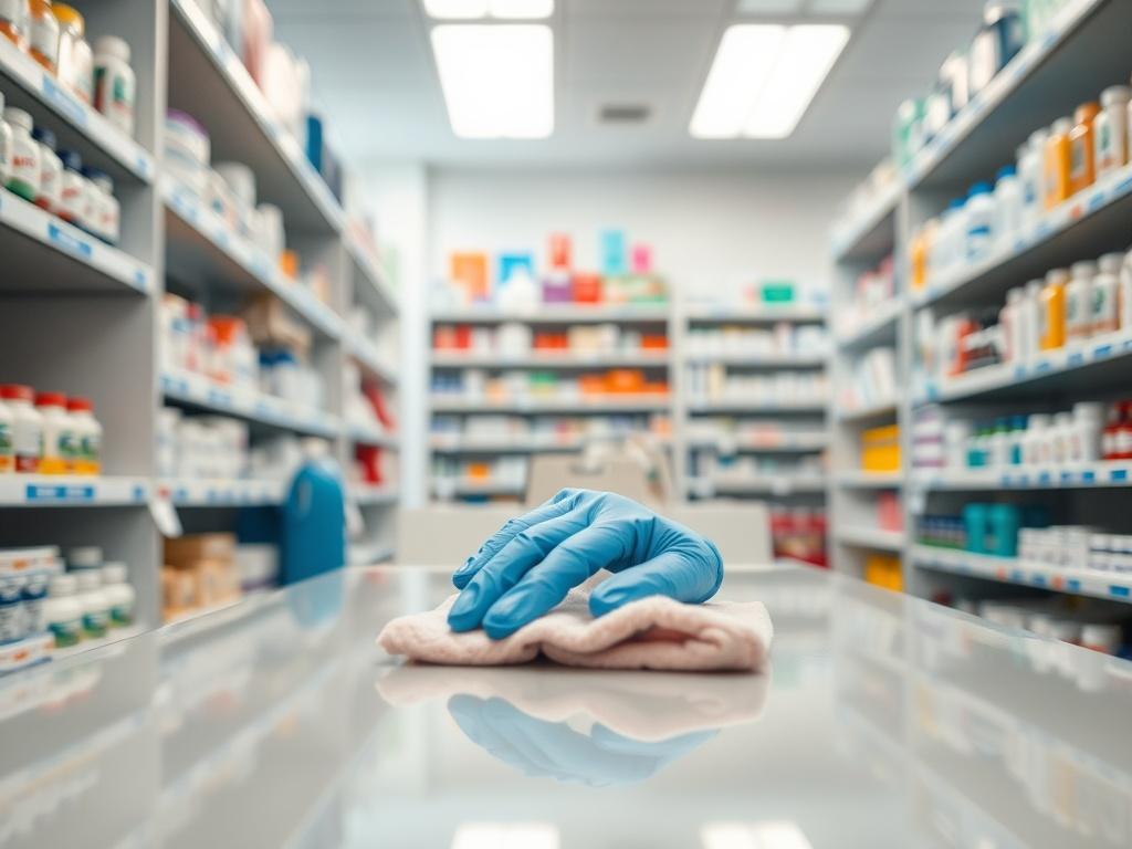 A hyper-realistic close-up shot of a cleaning professional in a pharmacy, wearing gloves and using a microfiber cloth to clean a countertop. The background shows shelves with neatly organized pharmaceutical products, emphasizing cleanliness and hygiene. The lighting is bright and inviting, highlighting the sparkling surfaces. The image should be captured with a 45mm f/1.2 lens style to create a shallow depth of field, focusing on the cleaning task.