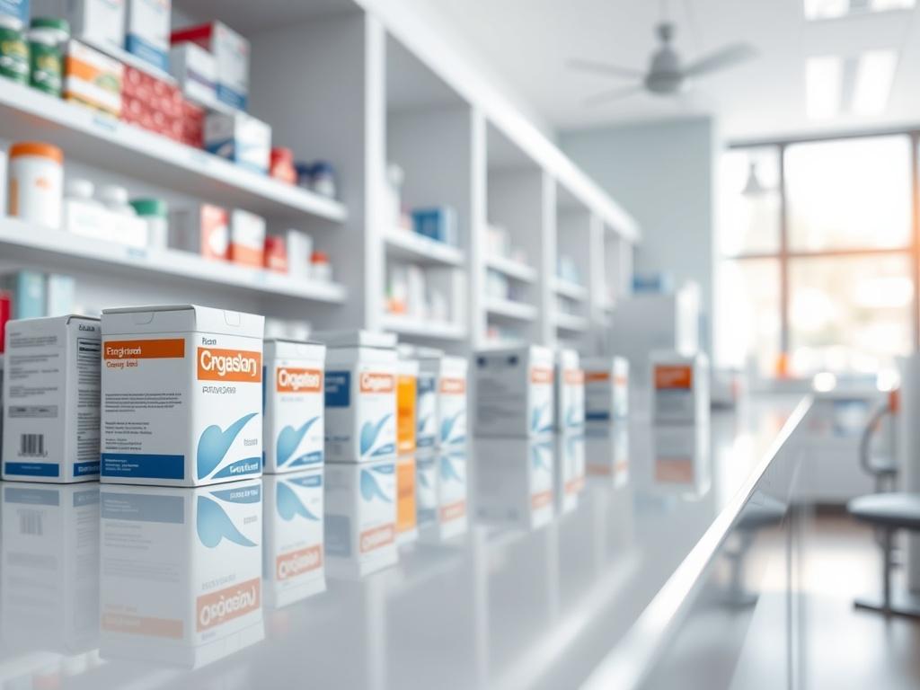 A hyper-realistic close-up shot of a clean pharmacy counter with neatly arranged medicine boxes and a bright, sanitized environment. The scene should include a sparkling surface, showcasing the results of professional cleaning, with a soft-focus background emphasizing freshness and hygiene. Shot with a 45mm f/1.2 lens.