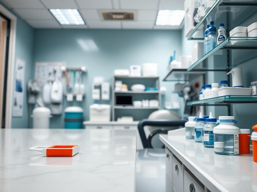 A hyper-realistic close-up shot of a medical office with sparkling clean surfaces and organized medical supplies. The focus should be on the cleanliness and orderliness of the environment, highlighting the importance of hygiene in medical spaces. Shot with a 45mm f/1.2 lens.