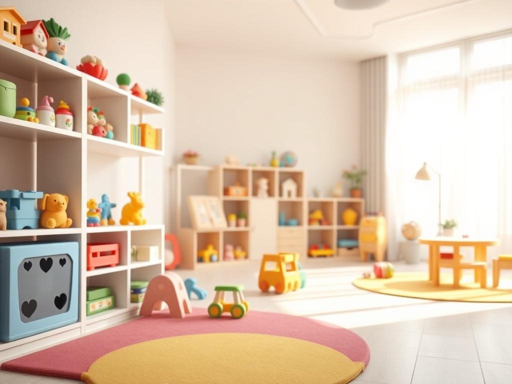 A close-up shot of a clean and organized daycare classroom, focusing on children's toys neatly arranged on shelves, soft colorful mats, and bright natural light streaming through large windows. The scene reflects a safe and hygienic environment for children, showcasing cleanliness and warmth. The background should be simple and uncluttered with soft, pastel colors to create a welcoming atmosphere.