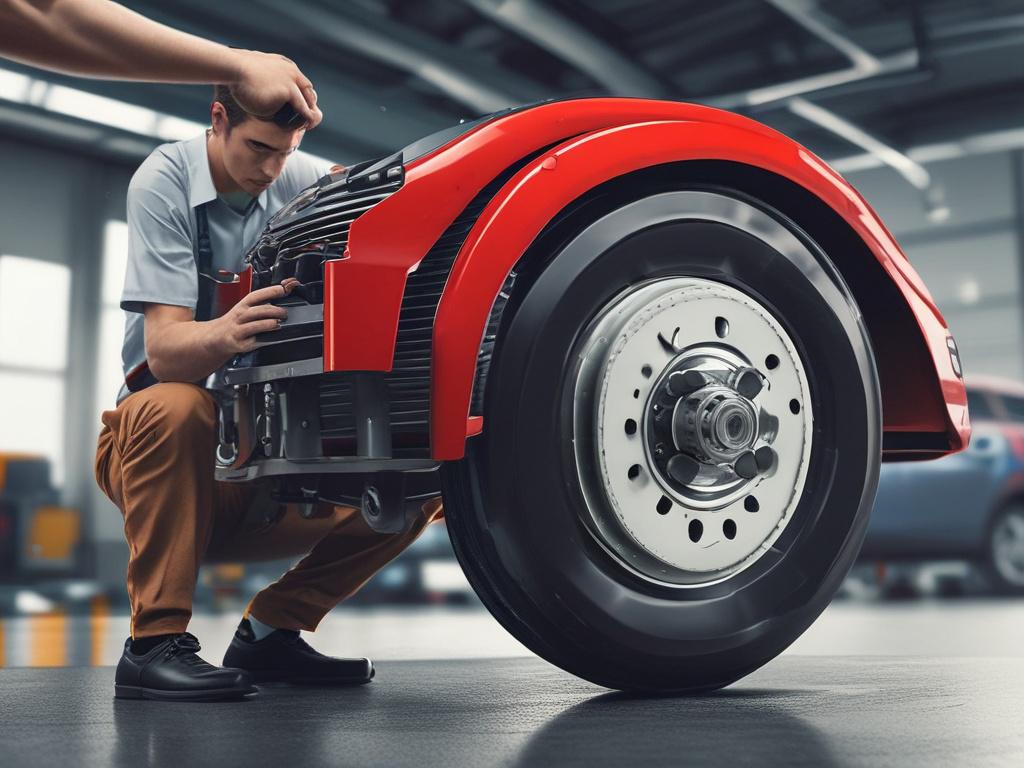 realistic high-resolution image of brake rotors and pads, showcasing a technician replacing them on a vehicle, clear background with emphasis on the parts and technician's focused work.