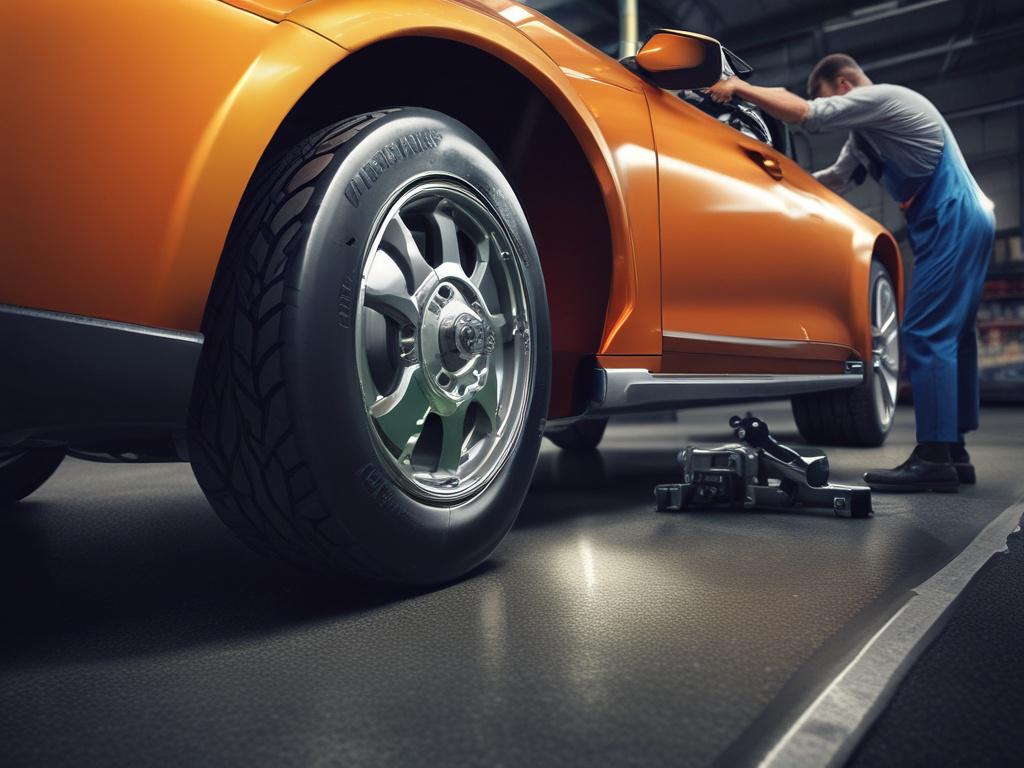 realistic high-resolution image of a full brake service on a vehicle, featuring a technician working on both front and rear brakes, simple background highlighting the vehicle and service.