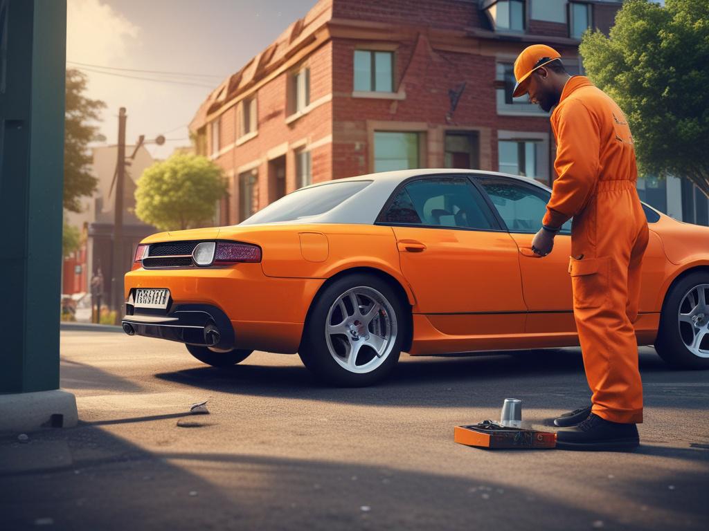 realistic high-resolution image of a brake pad replacement service, featuring a technician working on a car in a driveway, minimalistic background with clean lines, vibrant colors, focus on the technician and brake pads.
