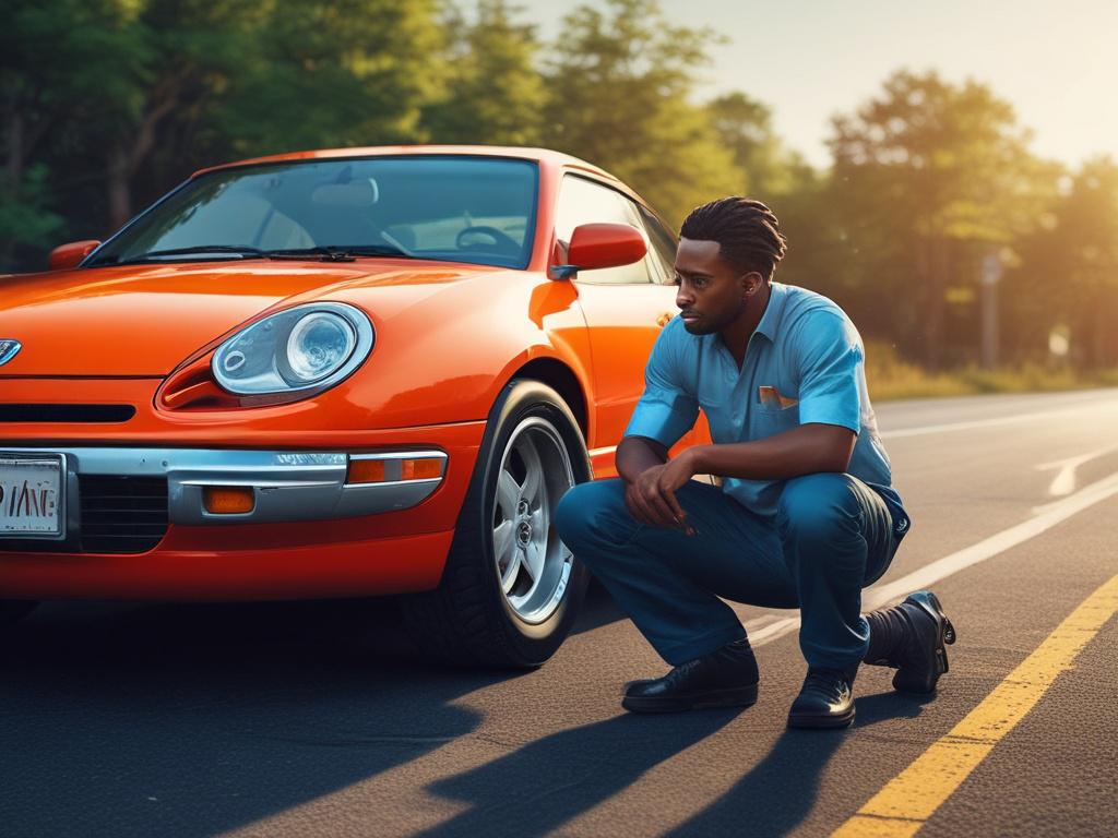 Create a realistic high-resolution photo focusing on a single subject—a diverse, skilled mechanic, possibly of Black descent, performing summer car maintenance. The mechanic should be wearing a stylish mechanic's uniform, complete with gloves and safety glasses, as they confidently inspect the engine of a vehicle parked under the warm sun. 

The background should depict an open garage door revealing a clear blue sky, enhancing the summer vibe, along with a few sunbeams filtering through. In the foreground, 