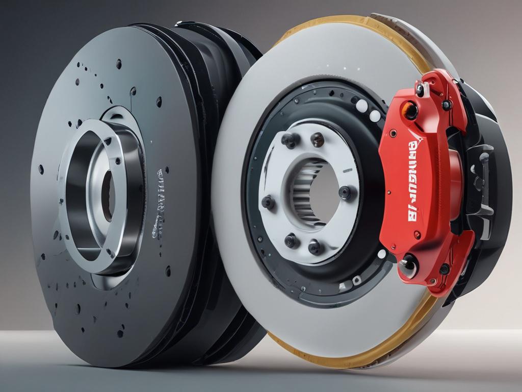 A close-up view of a brake pad and rotor setup, showcased in a clean and minimalistic style with bold colors. The focus should be on the brake parts, emphasizing detail and quality, set against a simple, unobtrusive background.