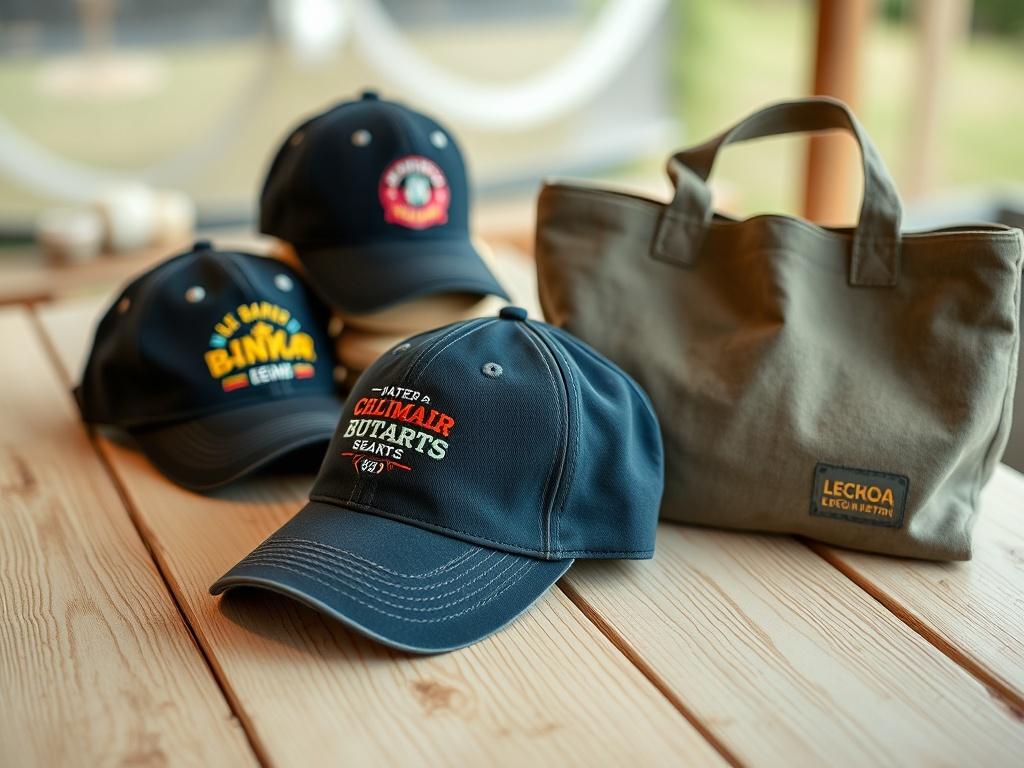 A set of embroidered caps and tote bags designed for a local event. The caps showcase different event logos with colorful embroidery, while the tote bags feature a large, bold design that stands out. The products are arranged on a light wooden table, with a blurred outdoor setting in the background, emphasizing the creativity and quality of the embroidery work.