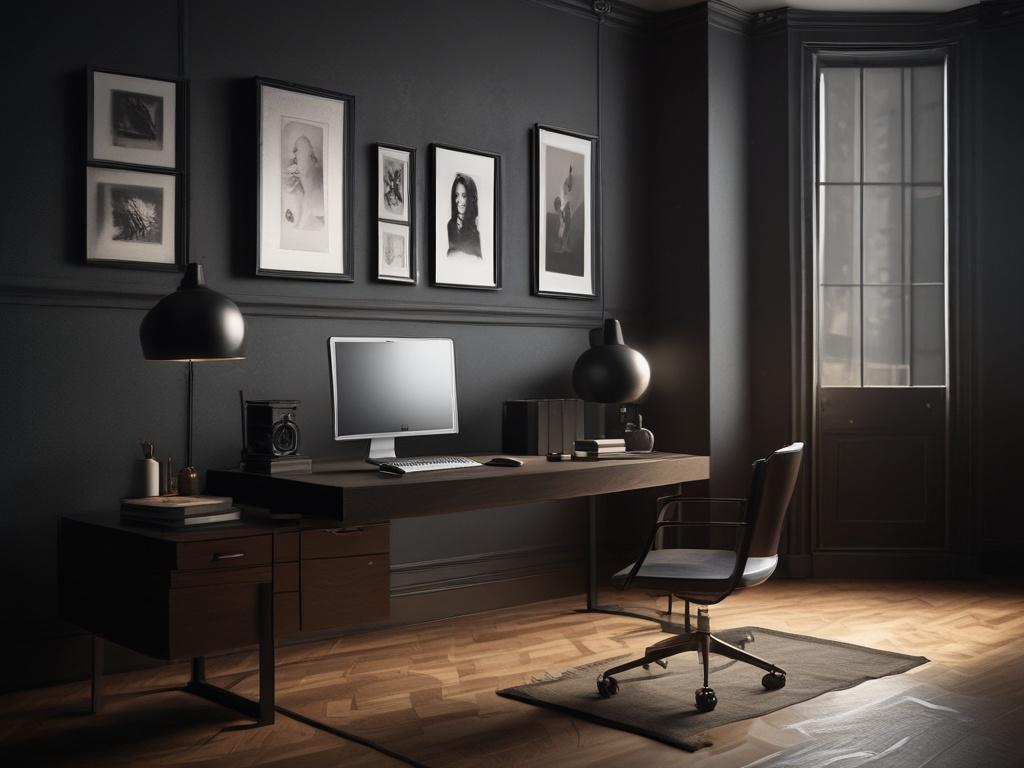 A high-resolution photo rendering of a dark, elegant room with dramatic lighting. The focus is on a sophisticated, modern desk with a sleek laptop open, casting shadows. The background features deep, rich textures, enhancing the intense atmosphere. The color scheme incorporates deep reds, aligning with the rgb(245, 77, 77) primary color, creating a sense of security and sophistication.