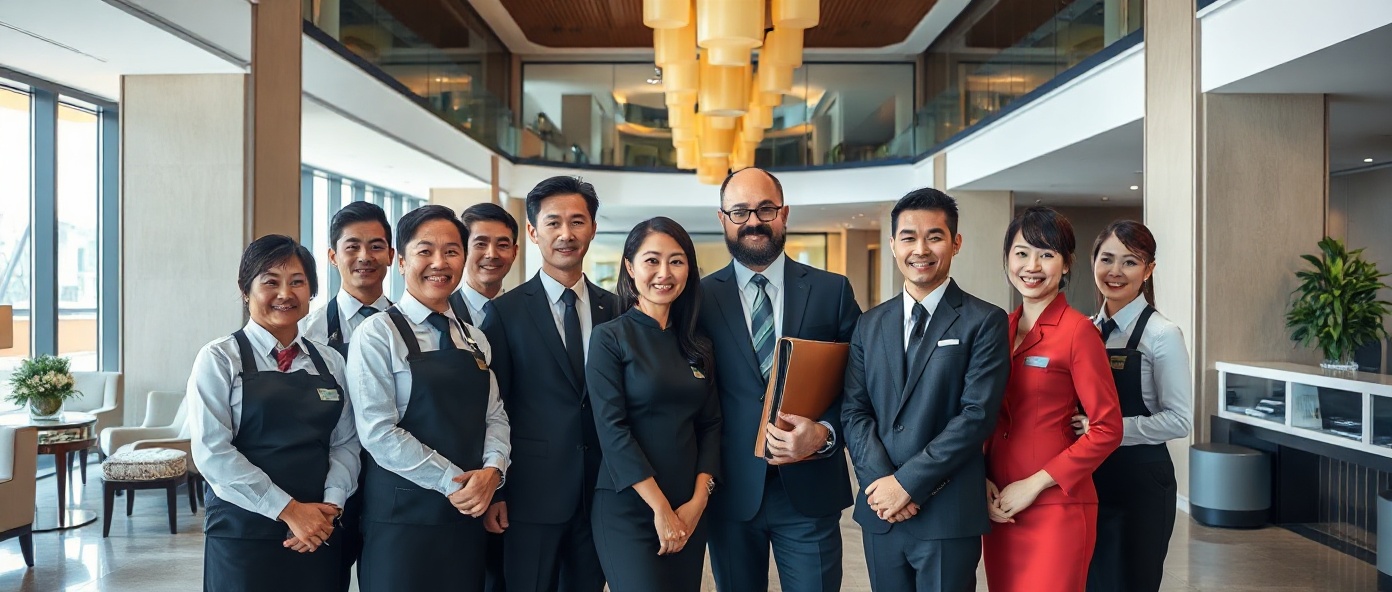 Asian hospitality professionals in modern hotel environment